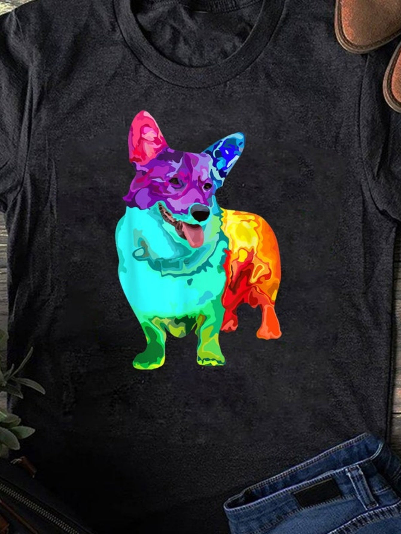 Men's Graphic T-Shirt Colorful Abstract Splashes With Vibrant Accents Featuring A Happy Corgi Dog