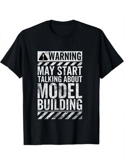 Men's Graphic T-Shirt Warning May Start Talking About Model Building Grunge Stripes And Geometric Icon Text