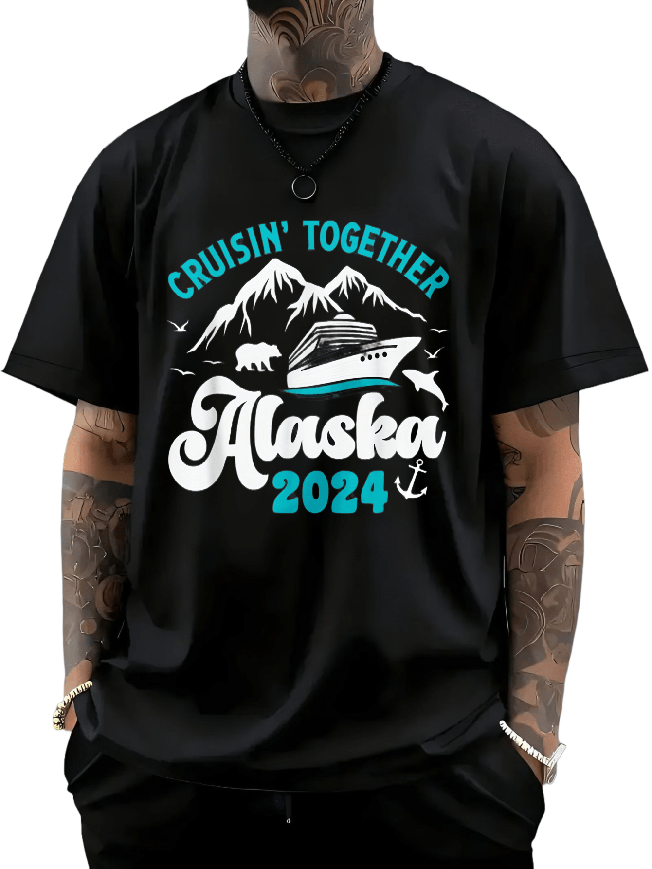 Men's Graphic T-Shirt Cruisin Together Snowy Mountains And Large Cruise Ship Alaska