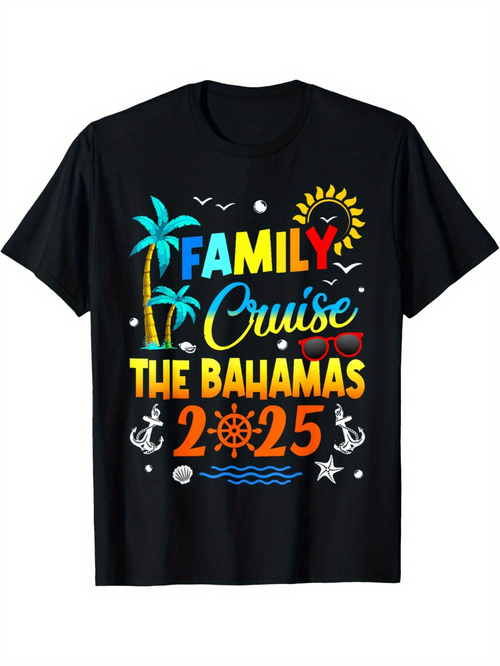 Men's Graphic T-Shirt Family Cruise Colorful Palm Trees With Anchors And Sun Bahamas Shirt
