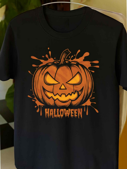 Men's Graphic T-Shirt Halloween Glowing Orange Pumpkin With Splattered Paint And Spooky Smile Pumpkin
