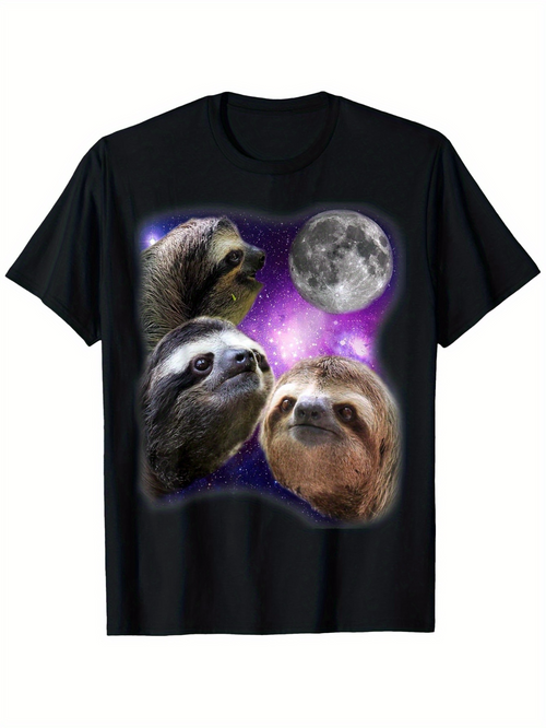 Men's Graphic T-Shirt Cosmic Night Sky With Three Sloths Admiring A Glowing Full Moon