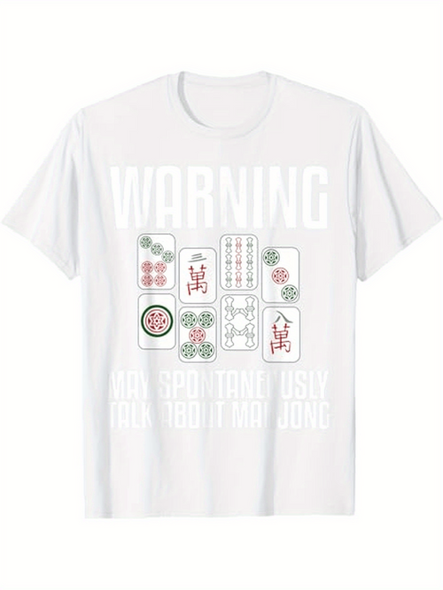 Men's Graphic T-Shirt Warning Mahjong Tiles With Playful Patterns Under White Letters