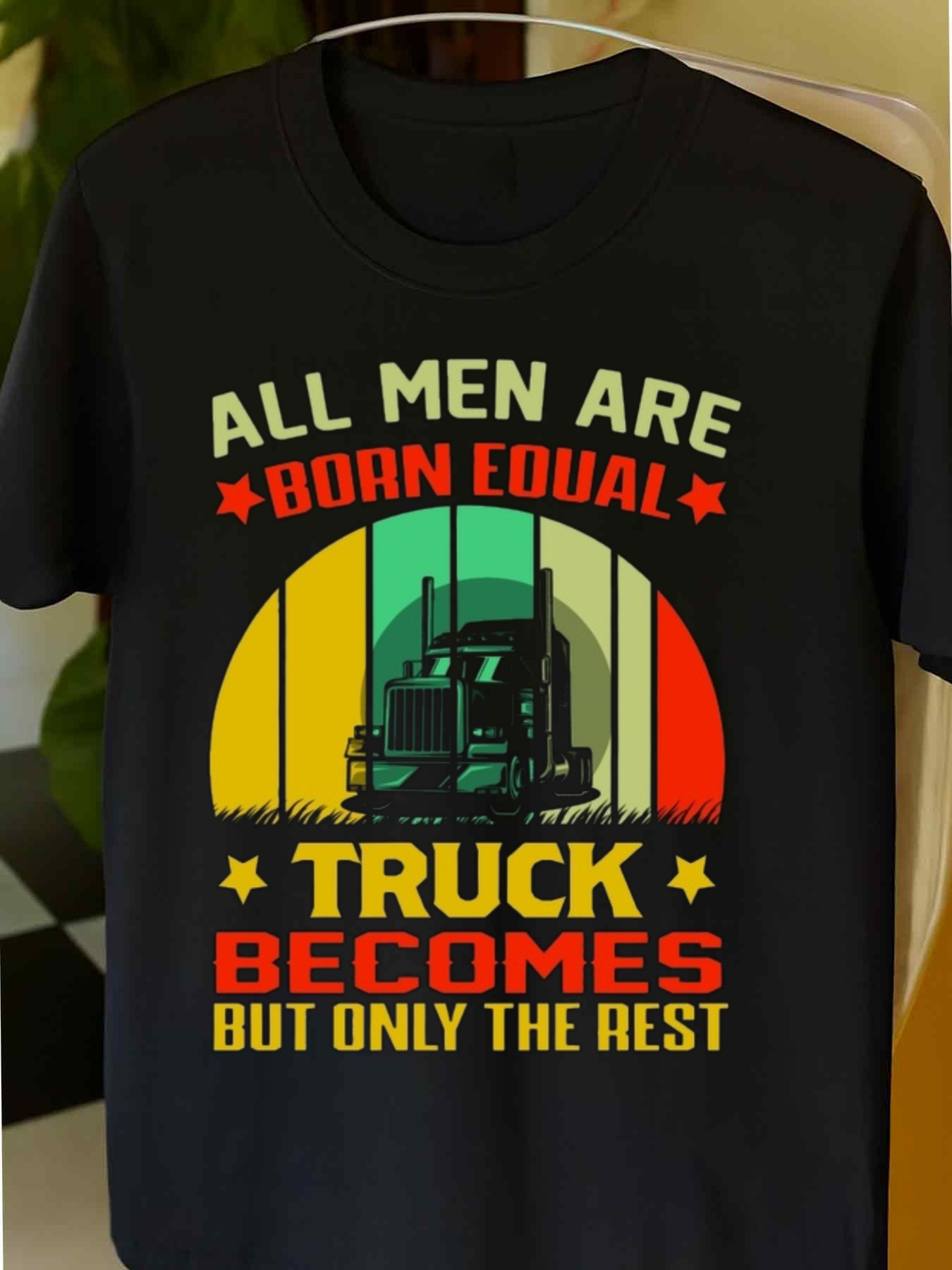 Men's Graphic T-Shirt All Men Are Born Equal Retro Sun With Semi Truck