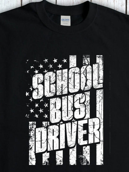Men's Graphic T-Shirt School Bus Driver Distressed Flag With Bold Lettering And Grunge Style Pattern