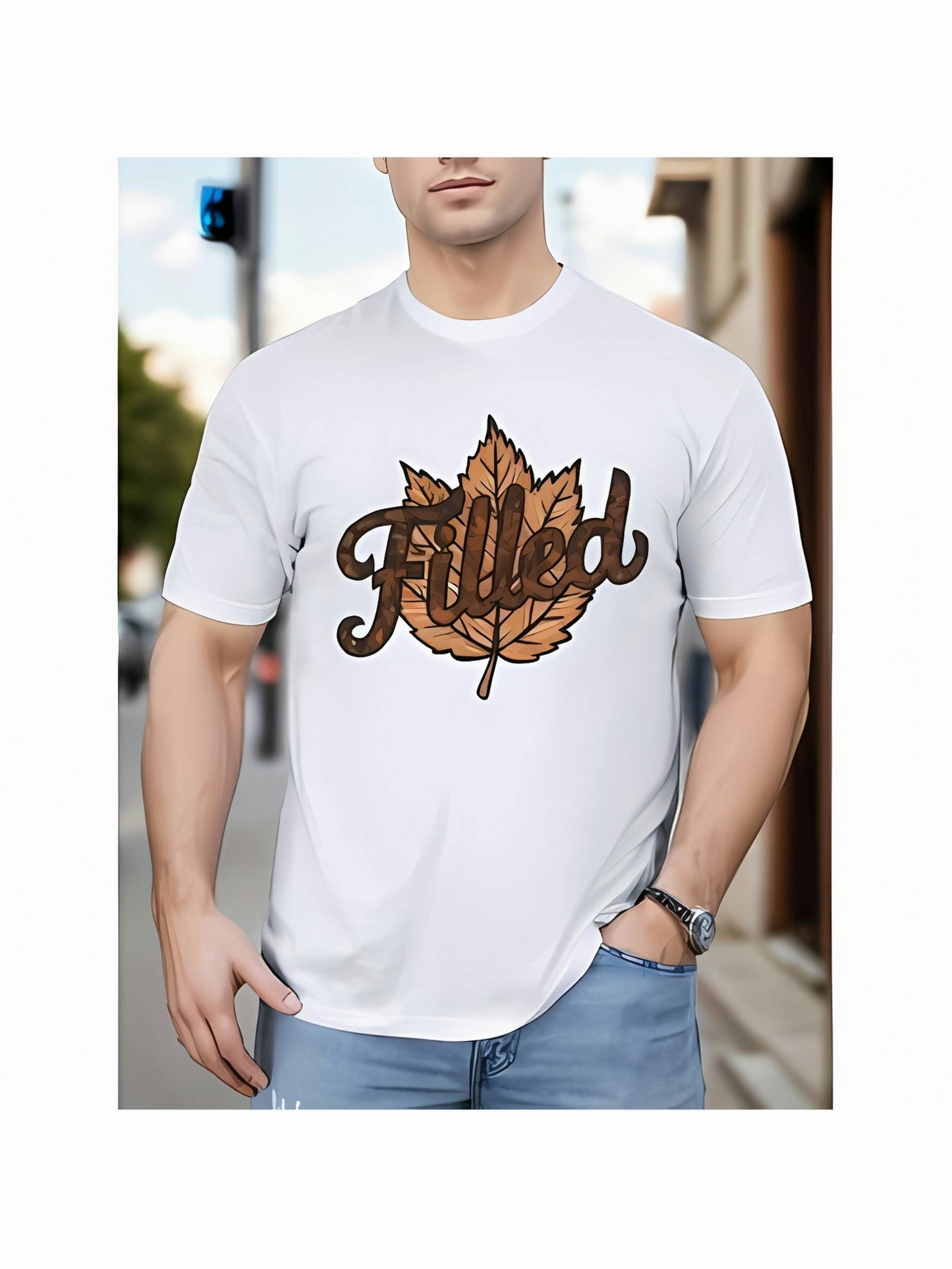 Men's Graphic T-Shirt Filled Autumn Leaf Illustration Overlapping Artistic Script Leaf
