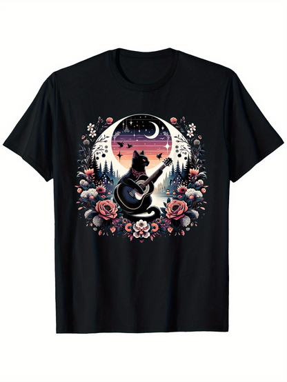 Men's Graphic T-Shirt Twilight Forest With Roses Moonlight And Guitar Playing Cat