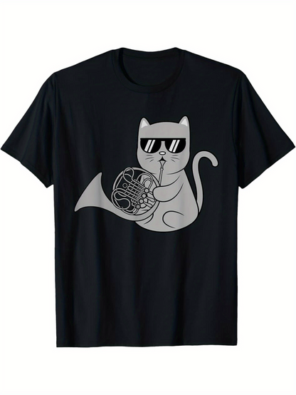 Men's Graphic T-Shirt Cool Cat With Jazz French Horn Wearing Sunglasses Tshirt