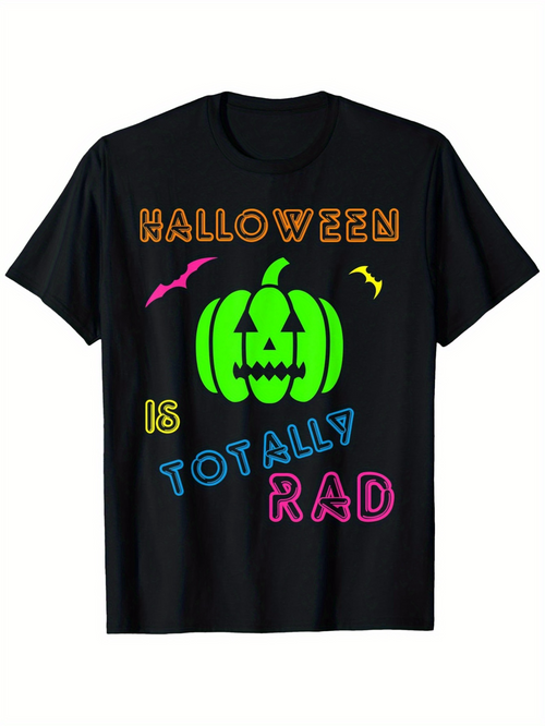 Men's Graphic T-Shirt Halloween Is Totally Rad Neon Pumpkin Surrounded By Bats Under Night Sky