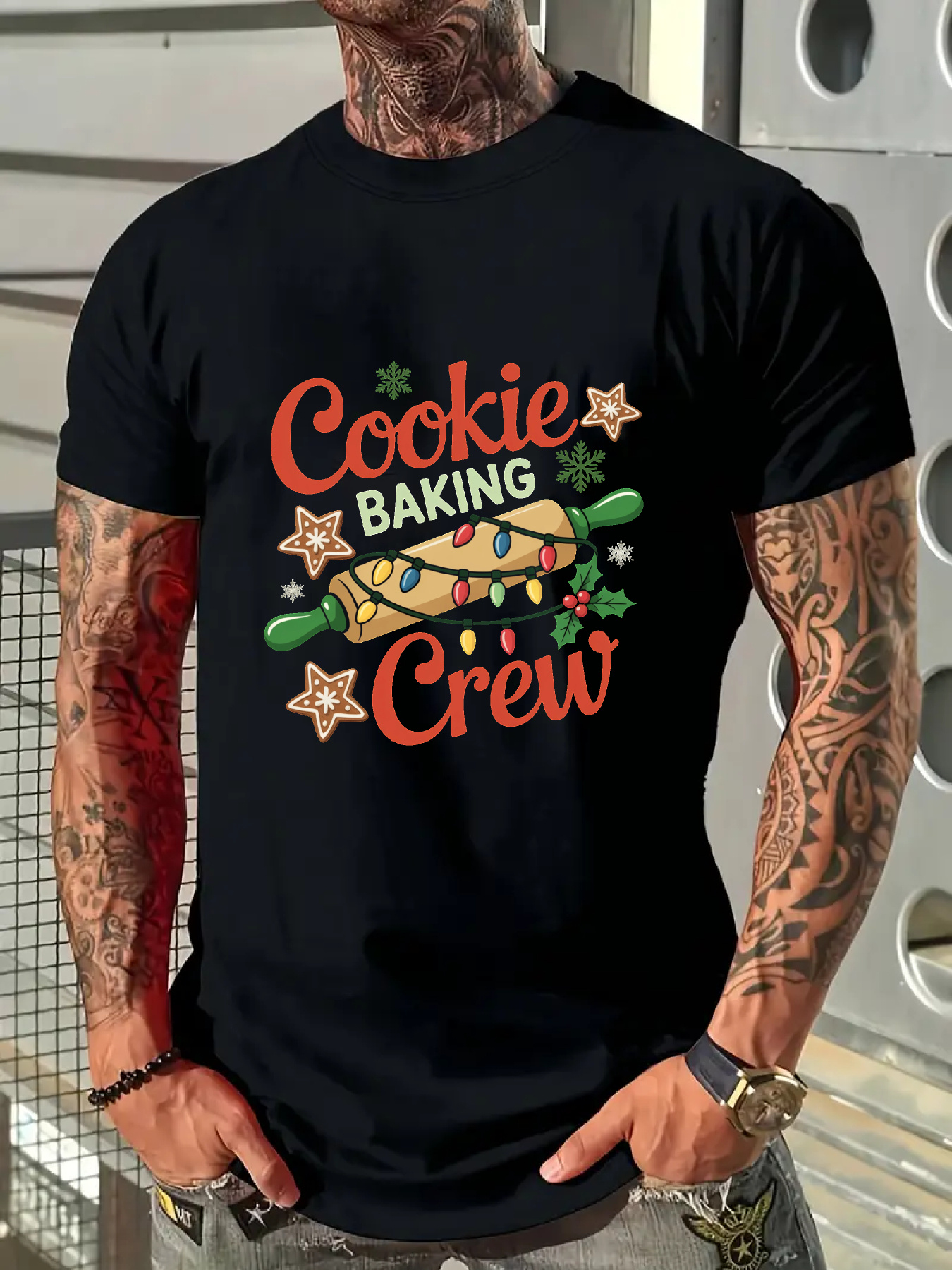 Men's Graphic T-Shirt Cookie Baking Crew Festive Rolling Pin With Stars And Sprinkles Cookie