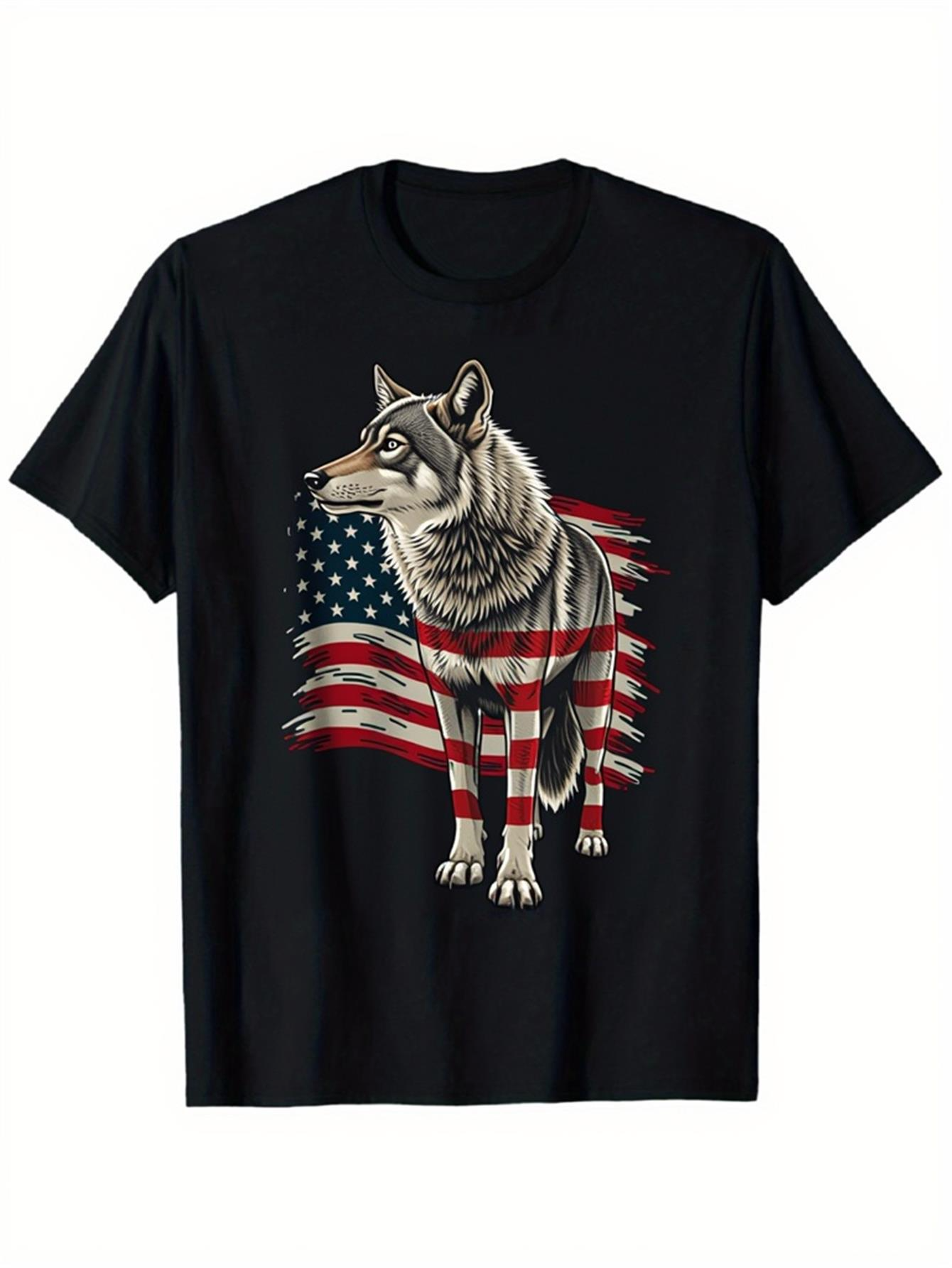 Men's Graphic T-Shirt Majestic Wolf Standing With Flowing American Flag Background Wolf