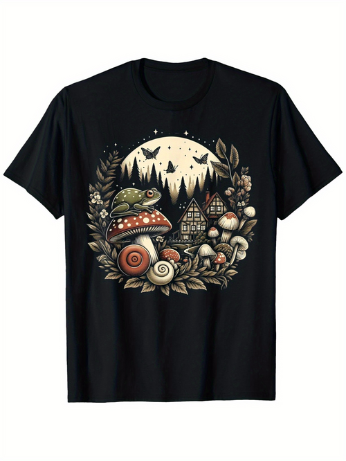 Men's Graphic T-Shirt Enchanted Night Forest With Mushrooms Snail And Frog Under Full Moon