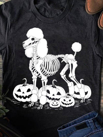 Men's Graphic T-Shirt Halloween Pumpkins With Cartoon Skeleton Dog Standing Poodle