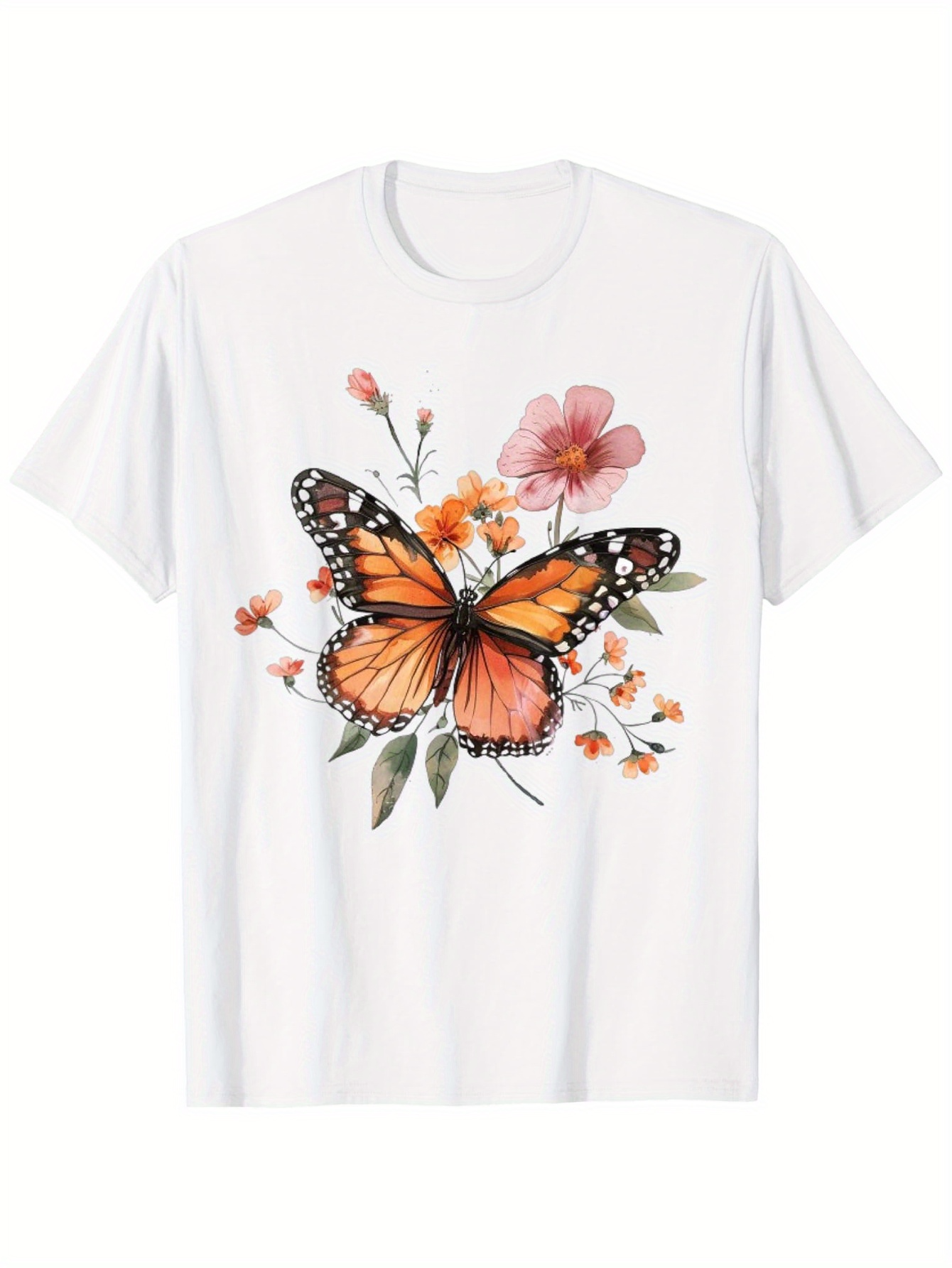 Men's Graphic T-Shirt Delicate Wildflowers And Vibrant Monarch Resting Butterfly