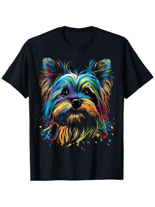 Men's Graphic T-Shirt Vivid Neon Brush Strokes With Splashes Around Yorkshire Terrier Dog