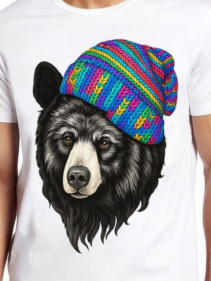 Men's Graphic T-Shirt Colorful Knit Pattern Hat On Realistic Shaggy Bear Portrait
