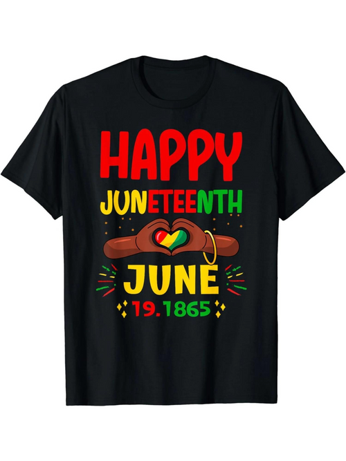 Men's Graphic T-Shirt Happy Juneteenth June 19 1865 With Heart Shaped Colors Underneath Raised Fists