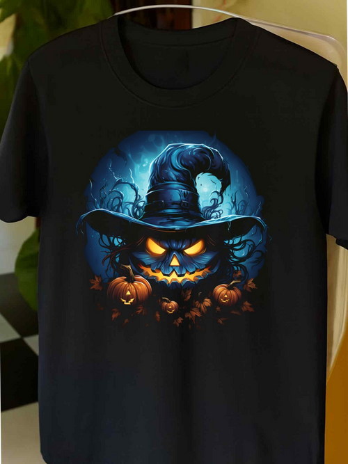 Men's Graphic T-Shirt Glowing Pumpkins Under Haunted Moonlight With Ominous Witch Hat Jackolantern