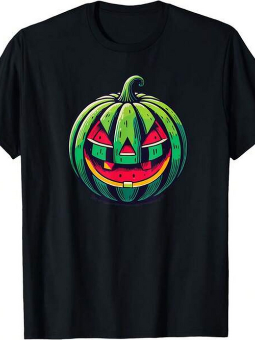 Men's Graphic T-Shirt Colorful Halloween Party Face On Juicy Watermelon Pumpkin