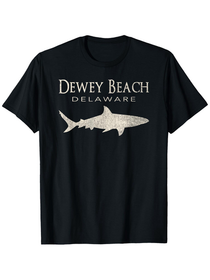 Men's Graphic T-Shirt Dewey Beach Delaware Shark Silhouette Swimming Under Calm Coastal Waters