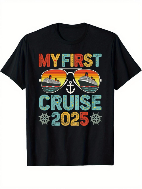 Men's Graphic T-Shirt My First Cruise 2025 Vibrant Sunset Reflections With Anchors Sunglasses