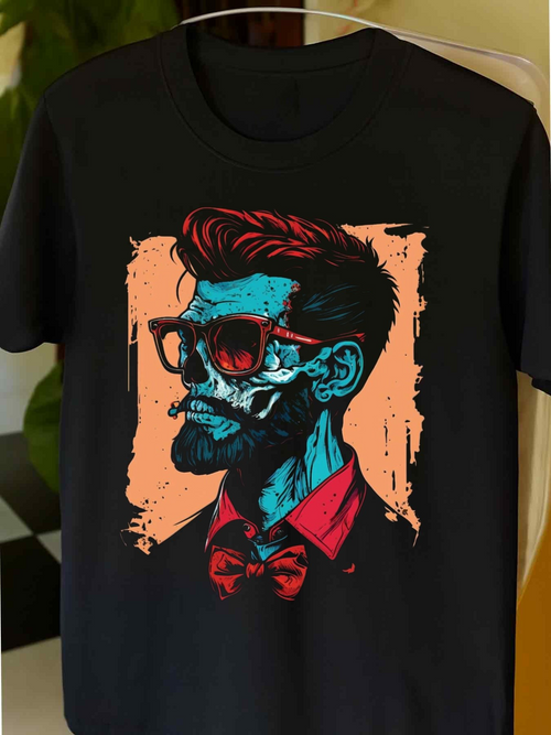 Men's Graphic T-Shirt Retro Neon Colors With Hipster Beard Glasses And Painted Skull