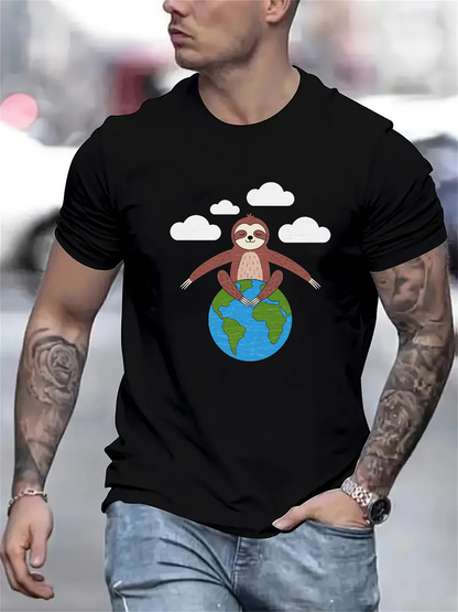 Men's Graphic T-Shirt Playful Brown Sloth Resting On Blue Earth With White Fluffy Clouds Sloth