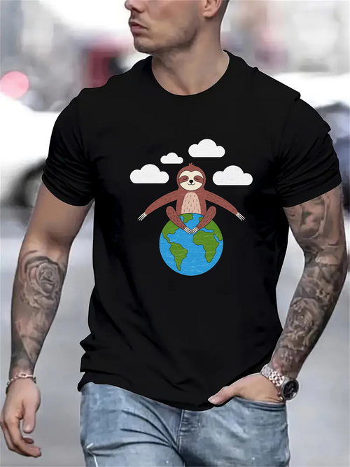 Men's Graphic T-Shirt Playful Brown Sloth Resting On Blue Earth With White Fluffy Clouds Sloth