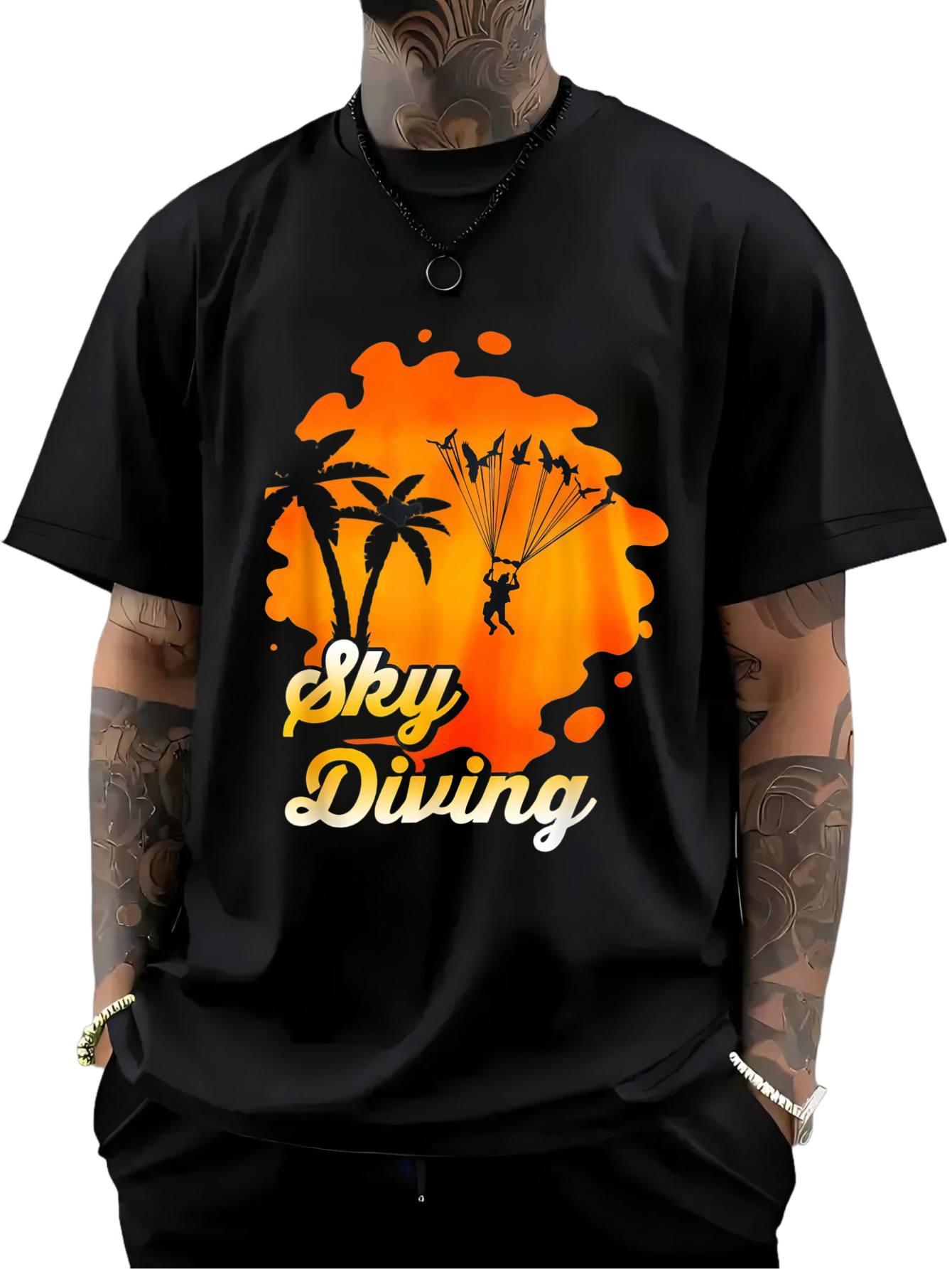 Men's Graphic T-Shirt Sky Diving Sunset Silhouette With Palm Trees And Birds In Orange Backdrop Skydiver