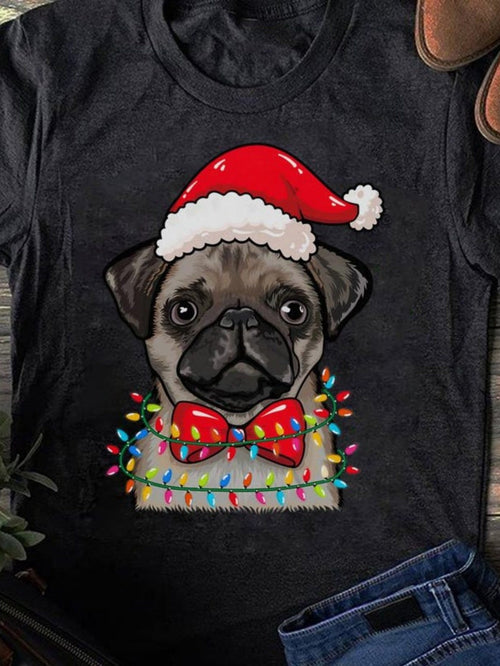 Men's Graphic T-Shirt Christmas Lights With Festive Hat And Red Bowtie Pug Dog
