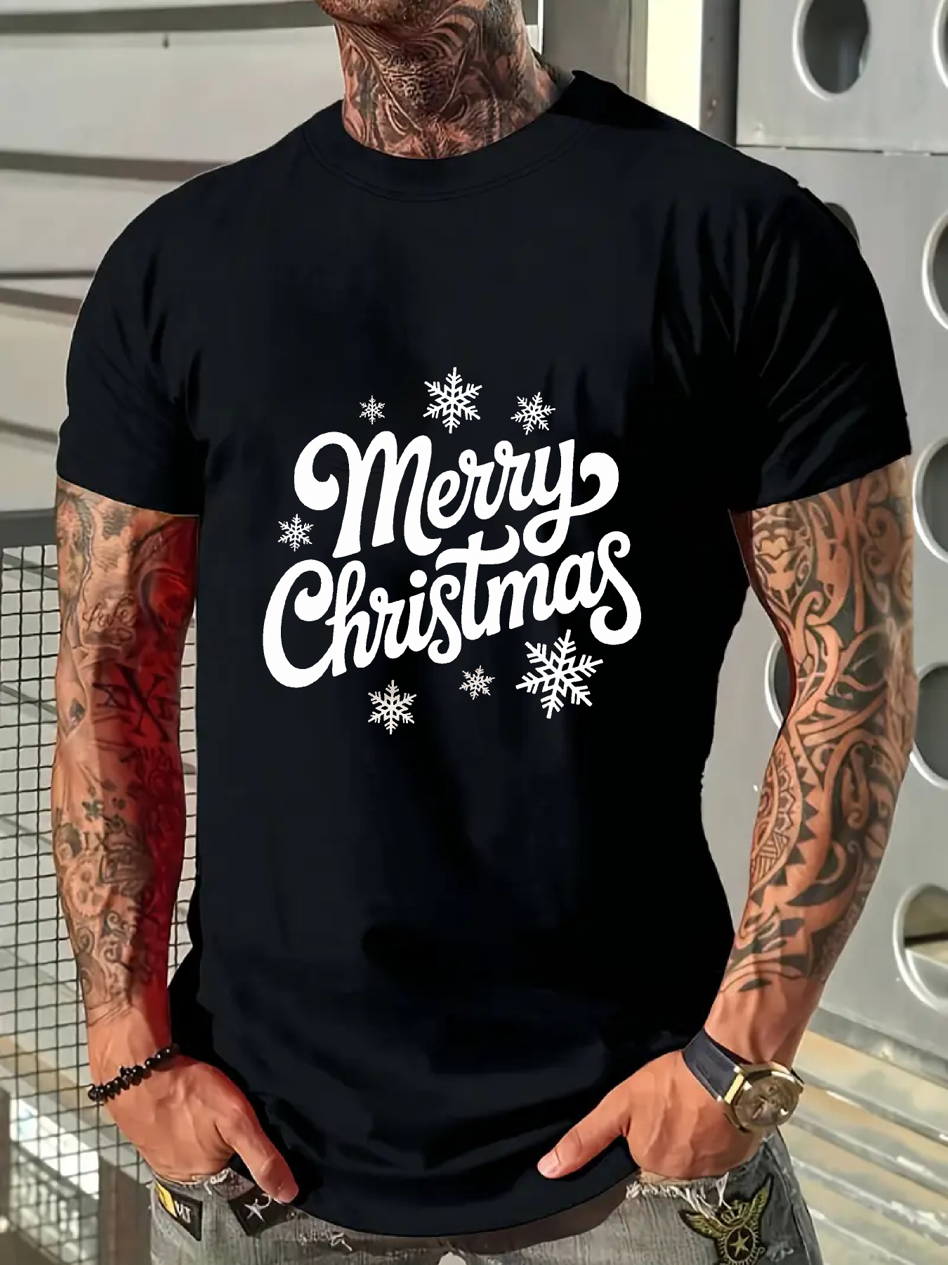 Men's Graphic T-Shirt Merry Christmas With Whimsical Snowflakes Surrounding Festive Lettering Christmas