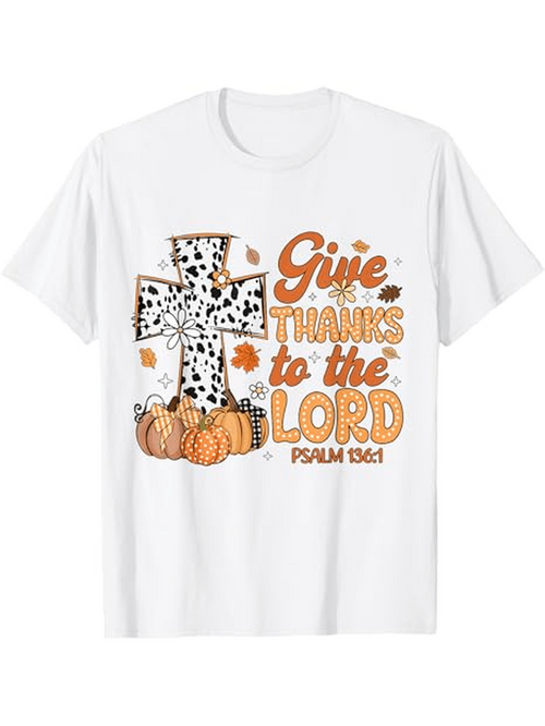 Men's Graphic T-Shirt Give Thanks To The Lord Surrounded By Pumpkins Autumn Leaves And Spotted Cross