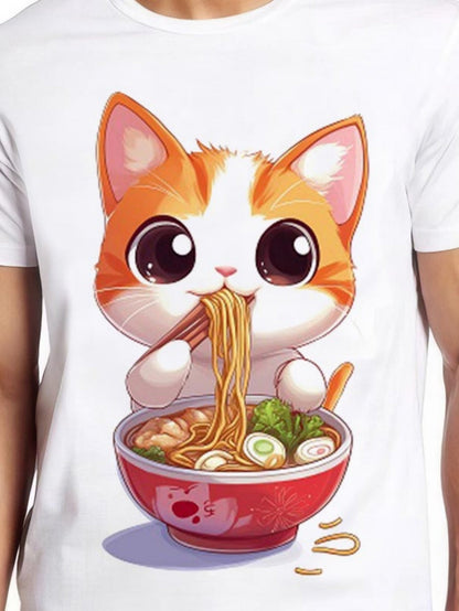 Men's Graphic T-Shirt Adorable Furry Kitten With Bright Eyes Slurping Noodles From Ramen Bowl Cat