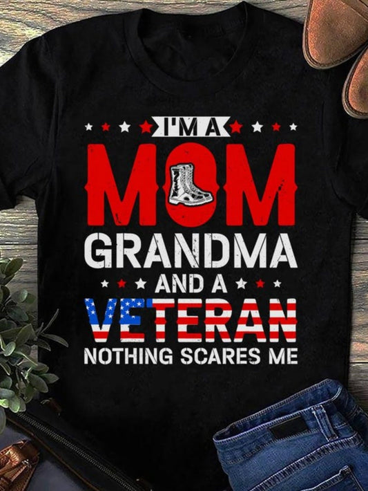 Women's Graphic T-Shirt Im A Mom Grandma And Veteran With Patriotic Stars And Bold Lettering