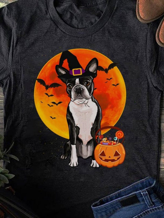 Women's Graphic T-Shirt Halloween Moonlight With Bats Pumpkin Candy And Boston Terrier Dog