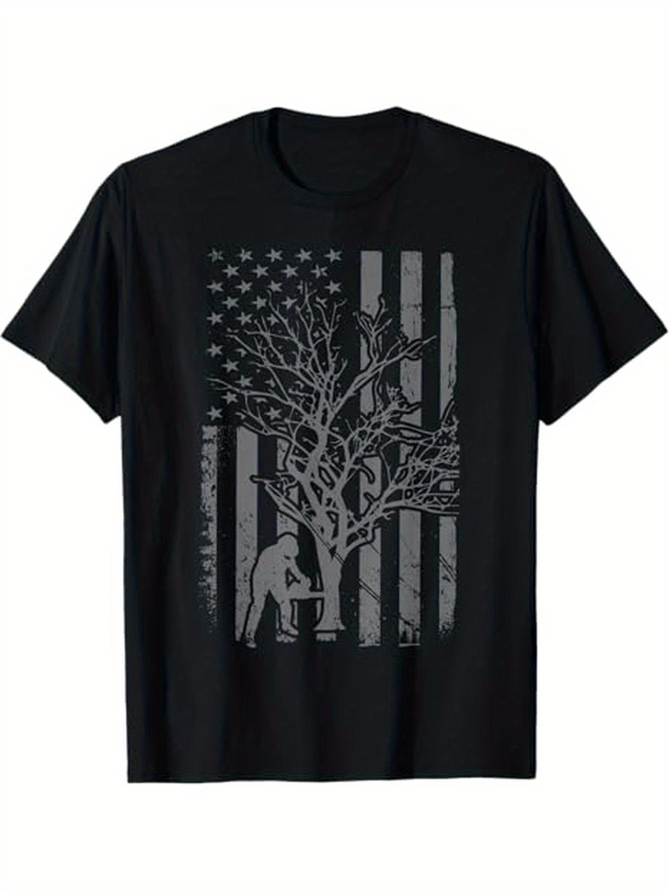Men's Graphic T-Shirt Patriotic Silhouette With Bare Tree And Worker Under Flag