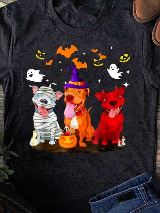 Women's Graphic T-Shirt Starry Night With Three Dogs In Halloween Costumes Surrounded By Ghosts And Bats