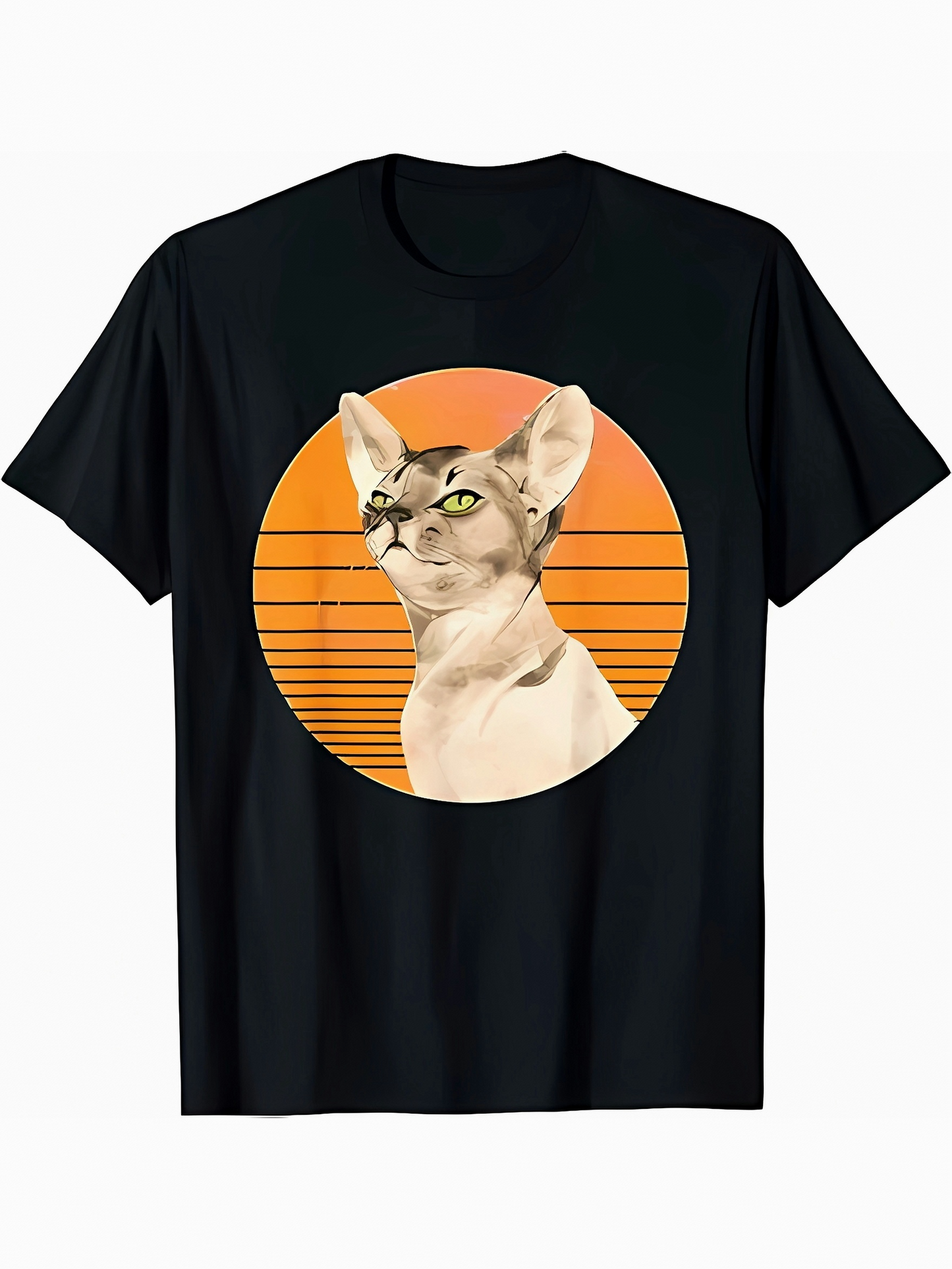 Men's Graphic T-Shirt Golden Sunset With Radiant Striped Circle Behind Proud Sphynx Cat