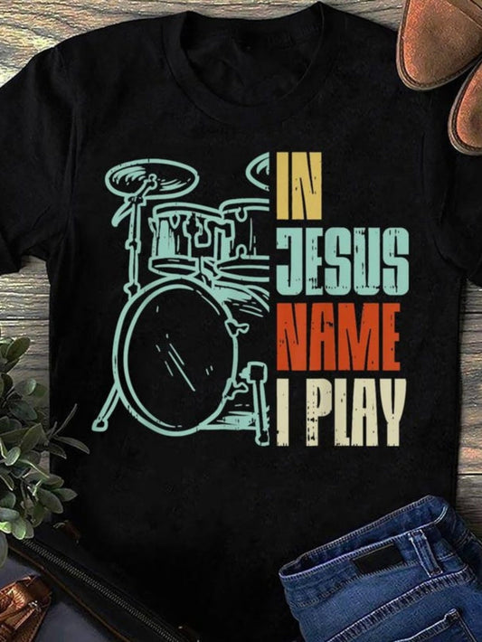 Women's Graphic T-Shirt In Jesus Name I Play Vintage Drum Kit Graphic With Retro Colors Drum Set