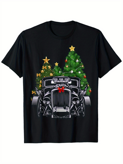 Men's Graphic T-Shirt Classic Holiday Hot Rod With Festive Christmas Trees Behind Car