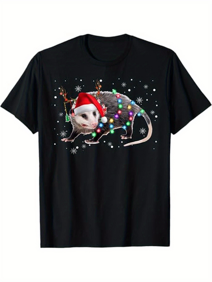 Men's Graphic T-Shirt Festive Holiday Lights With Santa Hat Wearing Pet Opossum