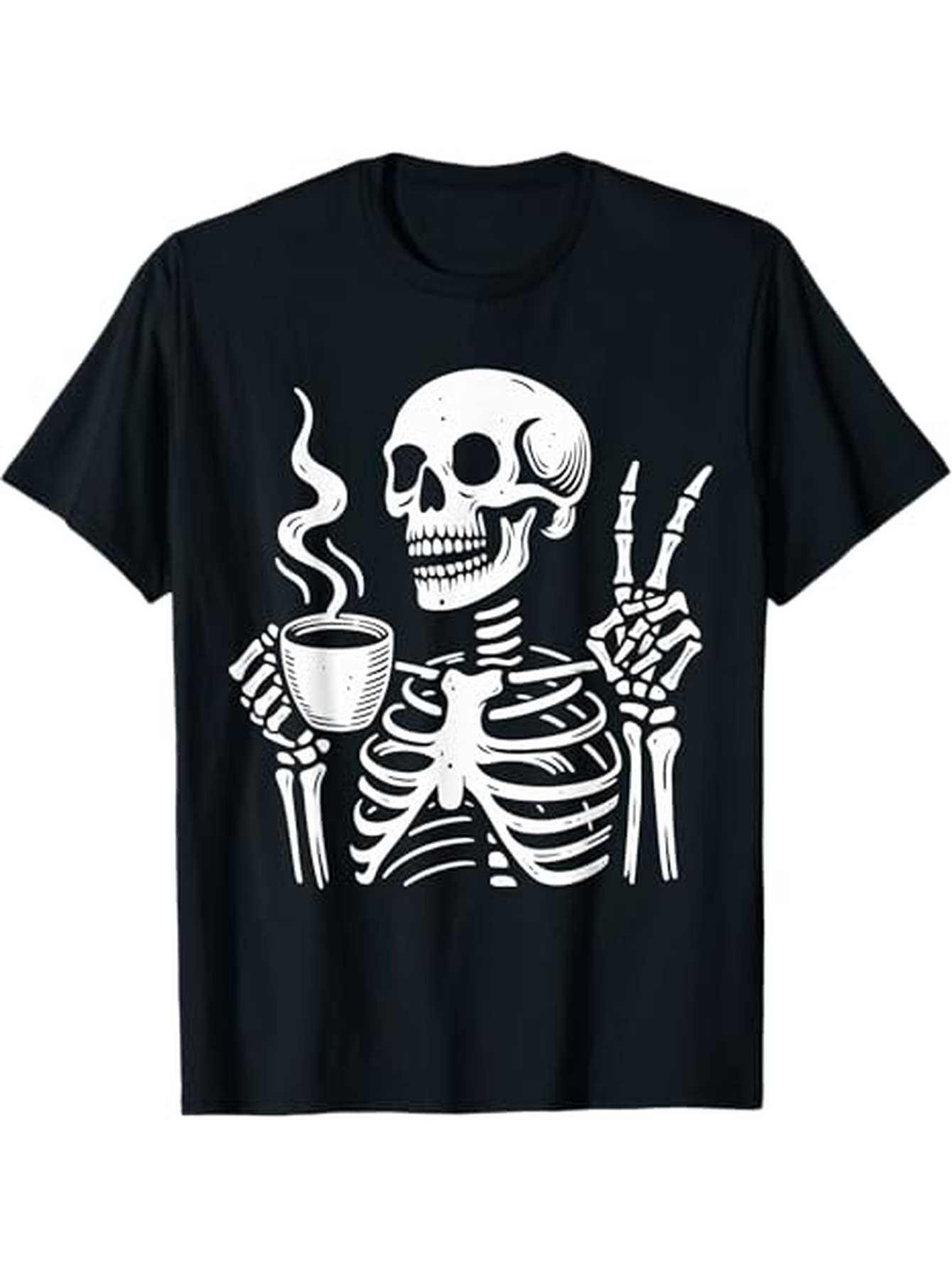 Men's Graphic T-Shirt Smoking Hot Coffee With Skeleton Hands Holding Cup Skeleton