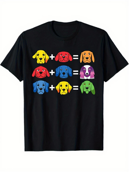 Men's Graphic T-Shirt Colorful Cartoon Math Puzzles With Playful Dog Faces