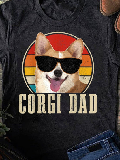 Men's Graphic T-Shirt Corgi Dad Retro Sunset With Sunglasses Wearing Smiling Corgi Dog