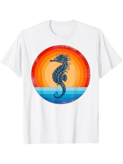 Men's Graphic T-Shirt Colorful Sunset Gradient Circle With Ocean Water And Textured Seahorse