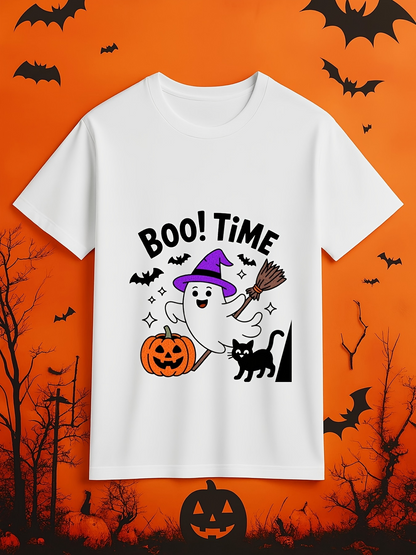 Men's Graphic T-Shirt Boo Time Happy Ghost With Pumpkin Black Cat And Witch Hat