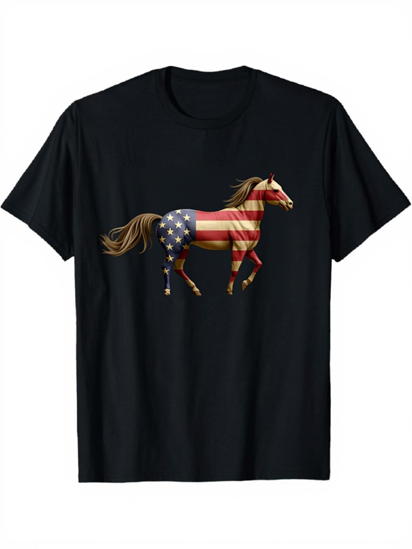 Men's Graphic T-Shirt Galloping Horse With American Flag Pattern Running Freedom Horse
