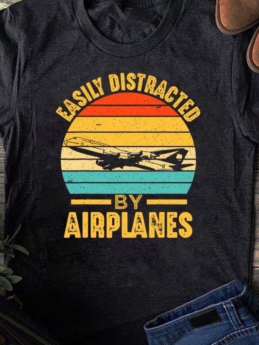 Women's Graphic T-Shirt Easily Distracted By Airplanes Retro Sunset Layers With Flying Jet Airplane