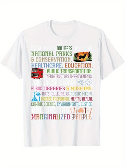 Men's Graphic T-Shirt Colorful Funded Services List Surrounded By Icons And Marginalized People