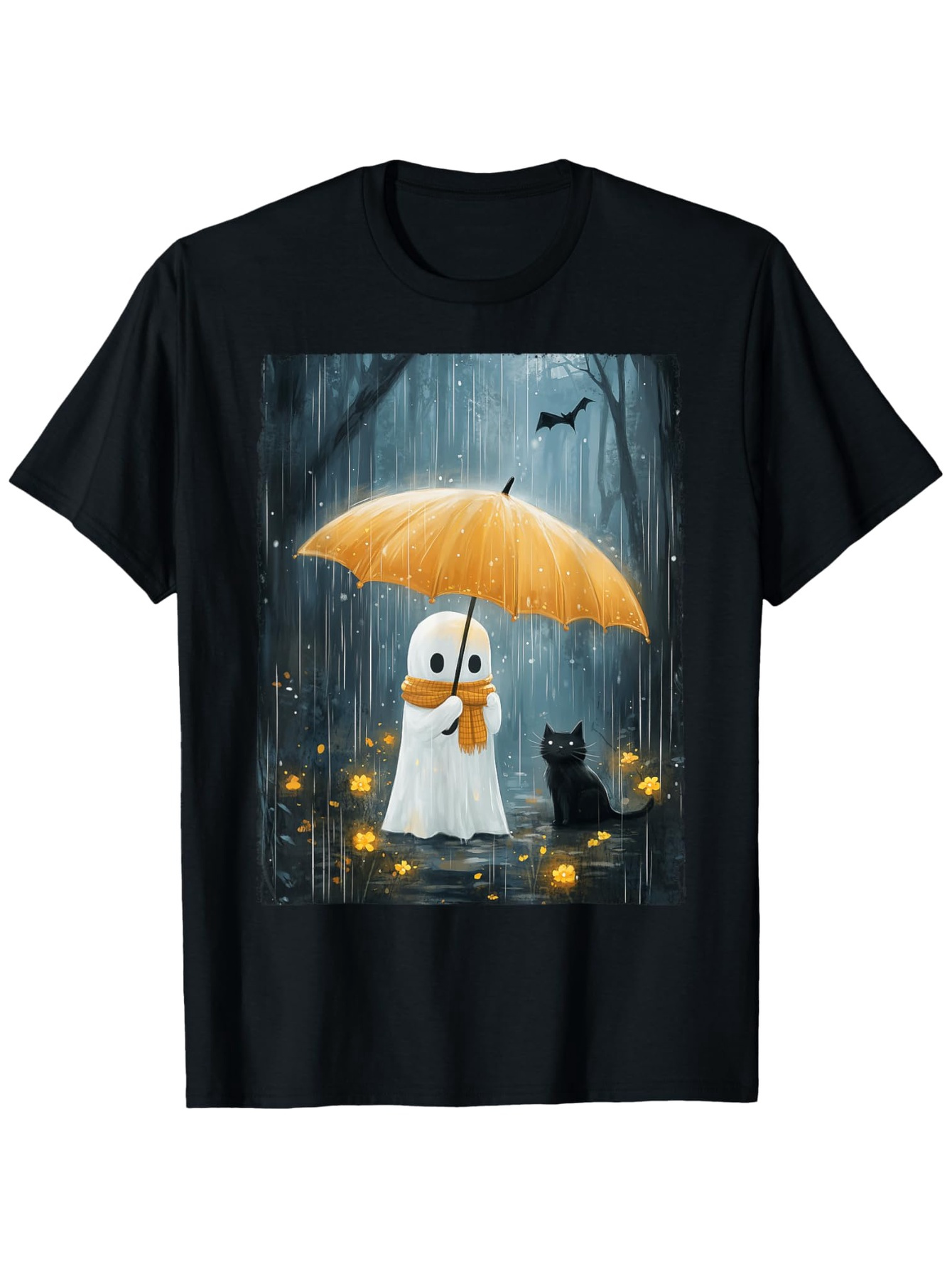 Men's Graphic T-Shirt Glowing Lanterns In Misty Rain With Cat And Ghost Under Umbrella